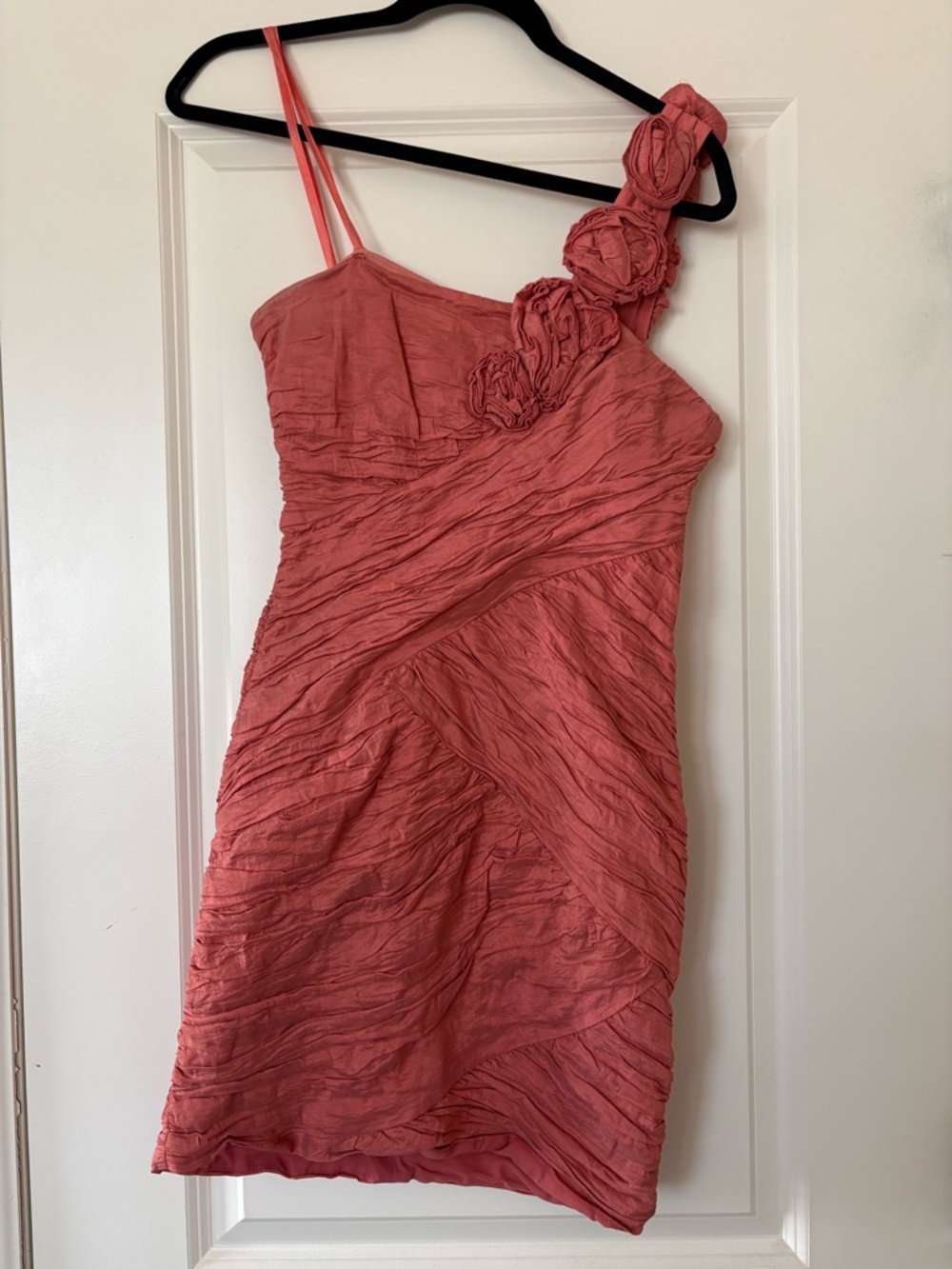 BCBGMaxAzria Coral One-Shoulder Rosette Detail Mini Dress